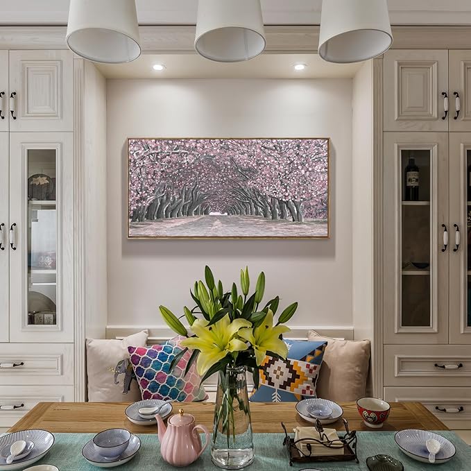 Nicetop Framed Canvas Wall Art – Pink Cherry Blossom Tree Tunnel Canvas Print Romantic Floral Landscape Artwork Abstract Forest Picture for Bedroom Living Room Girls Women Wall Decor Large Size 48x24 Inch