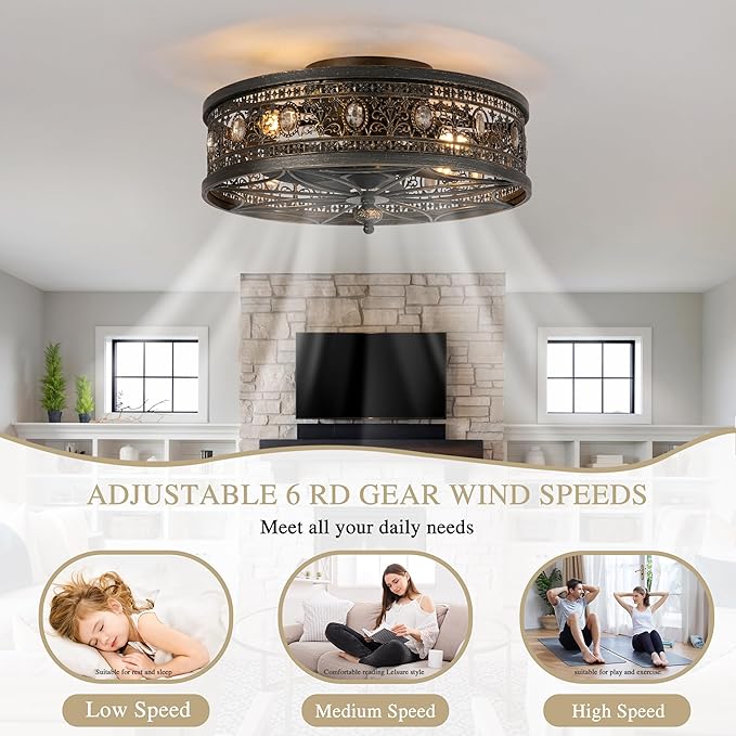 Caged Ceiling Fans with Lights,Vintage Victorian Rustic Crystal Fandelier,Low Profile Flush Mount,Small Enclosed Bladeless Ceiling Fan with Light for Bedroom,Kitchen,Living Room,Dining Room