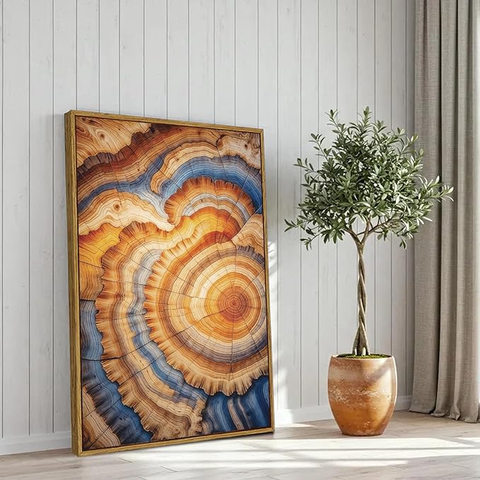 BingruiArt Large Framed Tree Ring Wall Art Wood Canvas Colorful Boho Wall Decor Rustic Artwork Abstract Painting Farmhouse Picture Nature Print for Living Room Bedroom Bathroom 24"x36" Natural Framed(09)
