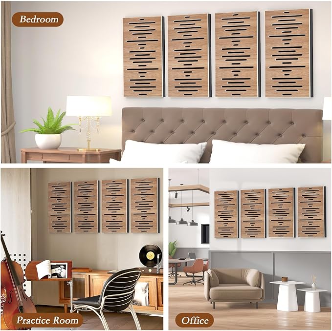 4Pack Acoustic Wall Panel Self-Adhesive Soundproof Foam Panels for Wall, 3D Perforated Tri-Layer Polyester Fiber Decorative Acoustic Insulation for Recording Studio, Office, 24×12×1.78", Waveform-Line