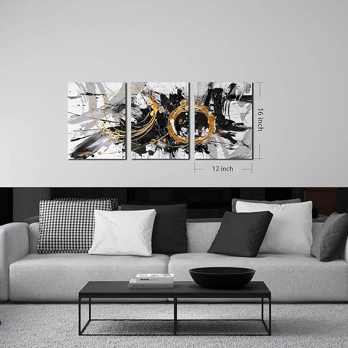 CIRABKY Black, White and Gold Abstract Painting - 3 Piece Canvas Wall Art for Living Room and Office - Size 12" x 16"