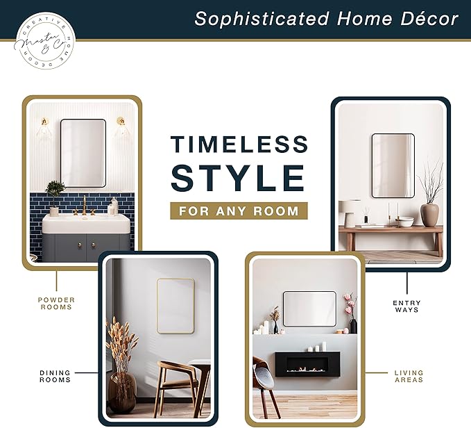 MCS Master & Co. Modern Metal Large Wall Mirror, Minimalist Home Decor Square Mirror with Rounded Corners for Living Room, Bedroom, or Bathroom, Brass, 24 x 24 in