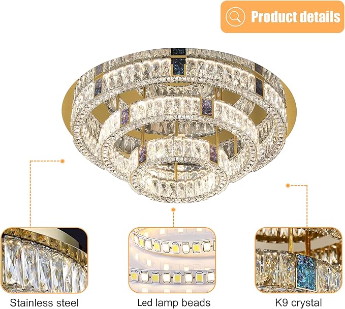 32in Flush Mount Crystal Chandelier Modern LED Gold Ceiling Light 3 Tier Crystal Chandelier for Living Room Dining Room Dimmable 3000k-6000k