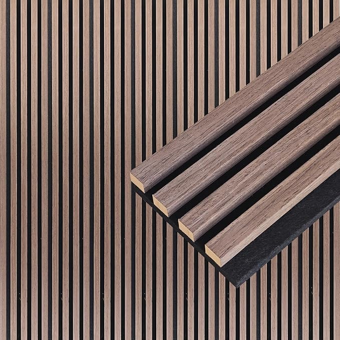 NeatiEase Wood Wall Panels, 9 Feet Acoustic Slat Wall Panels for Interior Wall Decor and Noise Reduction, Decorative Slat Wall Paneling, Smoked Oak, 6-Piece