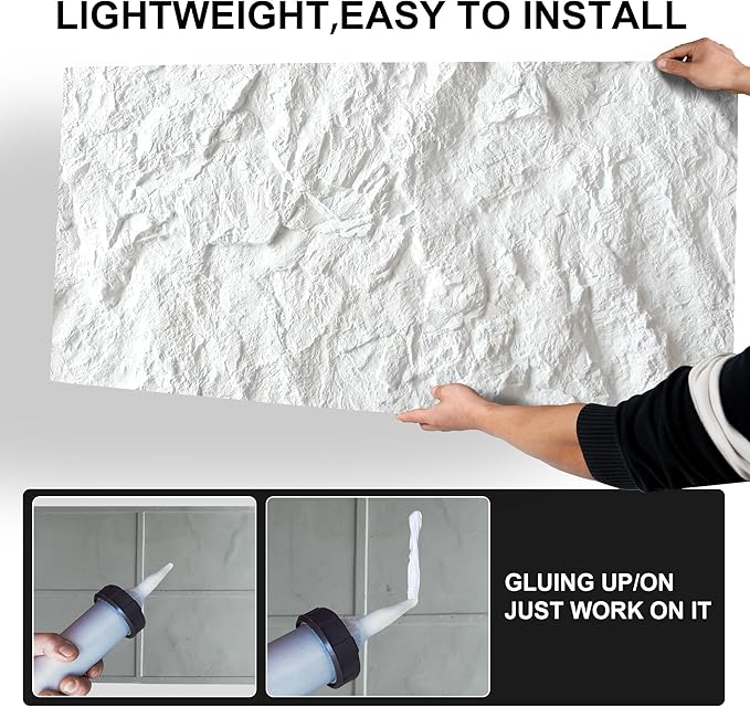 KASARO 3D Faux Stone Wall Panels, 4 PCS PU Wainscoting Panel for Interior Wall Decor, Cement Texture Thicker Accent for Home, Office, 43.3 × 23.6 inch, White