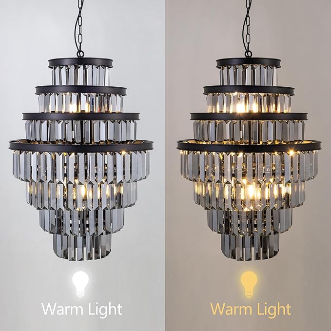 Wellmet Gray Crystal Chandelier, 7-Tier Large Vintage Black Luxury Crystal Chandelier for Living Room, Dining Table, Foyer, Drawing Room, Hallway, Entryway, Restaurant 33''H * 24''W