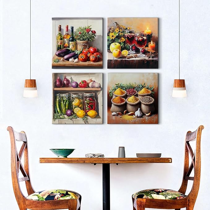 Kitchen Wall Decor Mason Jar Wall Art Spices Food Canvas Prints Kitchen Ingridients Picture Rustic Still Life Painting Vintage Healthy Vegetables Poster Artwork Dining Room Home Decoration 16x16" 4Pcs
