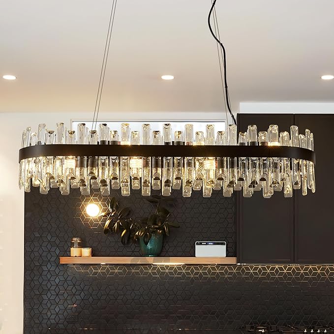 39" Modern Black Rectangle Crystal Chandelier Light Fixtures for Kitchen Island Luxury Linear Crystal Chandeliers for Dining Room 16-Light Long Hanging Pendant Lighting for Entryway Foyer Bar