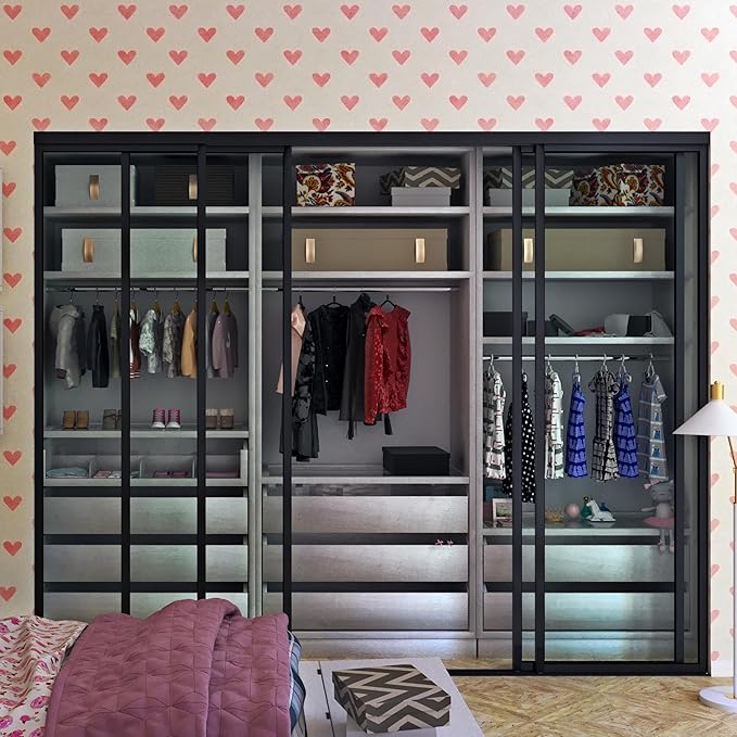 4 Panel Glass Room Divider and Sliding Glass Closet Doors - Smoked Frosted Partition Wall - Clear, Smoked and Frosted Glass Sliding Doors Options (Clear Glass, 96x80)