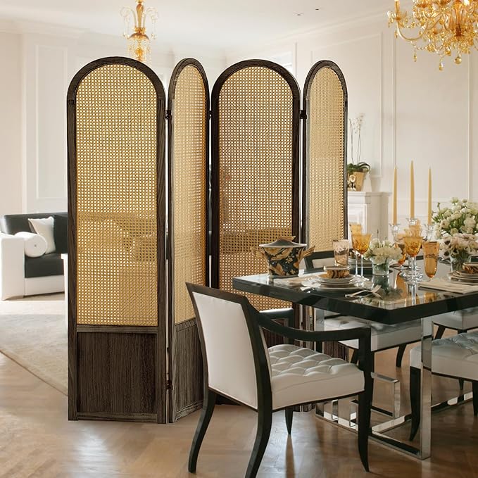 4 Panel Room Dividers and Folding Privacy Screens, Hand-Made Rattan Room Divider with Bi-Directional Hinge, Pre-Assembled Wood Room Divider Wall for Home Office Bedroom, Dark Brown