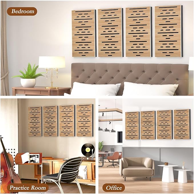 4Pack Acoustic Wall Panel, Self-Adhesive Soundproof Foam Panels for Wall, 3D Perforated Tri-Layer Polyester Fiber Decorative Acoustic Insulation for Recording Studio, Office, 24×12×1.78", Broken-Line