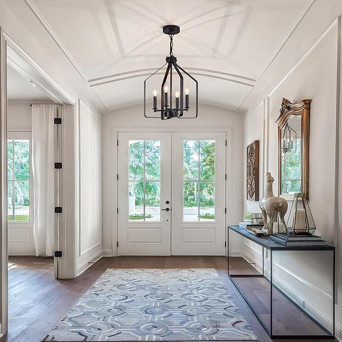 4-Light Black Farmhouse Chandelier, Geometric Industrial Cage Pendant Light, Adjustable Rustic Fixture for Dining Room, Kitchen Island, Entryway & Bedroom