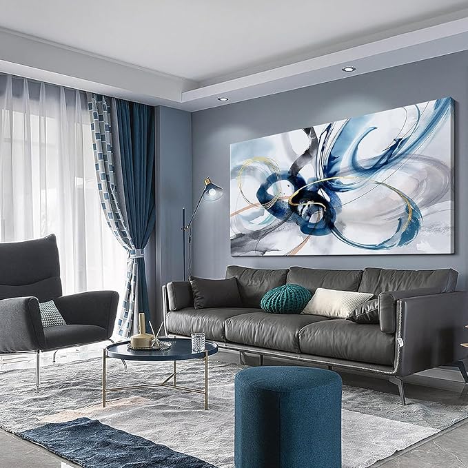 AJAZIKO Modern Abstract Canvas Wall Art - 29X58 Inches Blue and White Pictures for Living Room, Bedroom Aesthetic Home Decor