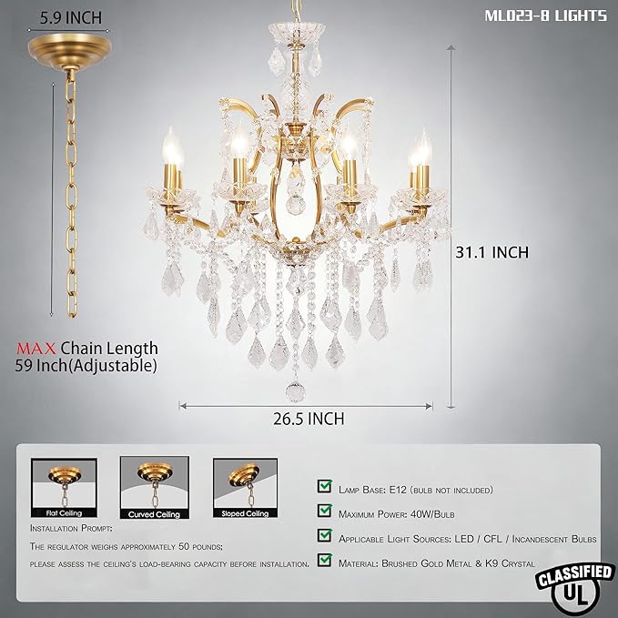 Antique Gold Crystal Chandeliers, Candle Pendant Ceiling Light Fixture 8-Lights Luxury Polished Golden Bronze Crystal Chandelier Adjustable Chain for Dining Living Room Foyer Hallway