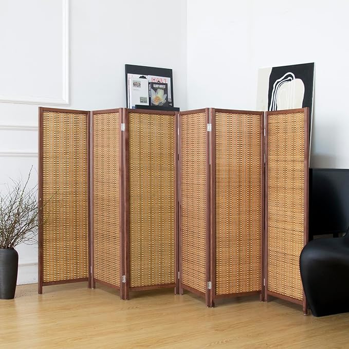 6 Panel Short Panel Divider Screen,3.95 FT Tall Bamboo Room Divider Folding Privacy Screen,Short Panel Divider Freestanding Room Divider for Room Seperation,Brown