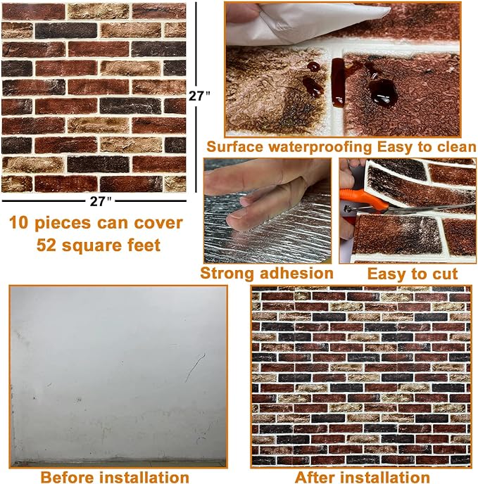 10-Pack 52 Sq.Ft 3D Wall Panels Peel and Stick 3D Faux Brick Wallpaper Peel and Stick Yellow Brown Faux Stone Wall Panel Foam Brick Self-Adhesive 3D Wallpaper