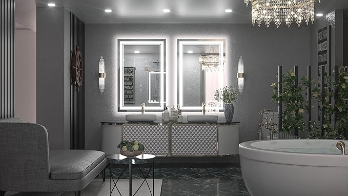 Keonjinn LED Bathroom Mirror 24" x 36" with Front and Backlight, Stepless 3 Colors Temperature & Dimmable Backlit Mirror, Double LED Strips, Anti-Fog Tempered Glass Vanity Mirror, UL Listed LED Driver