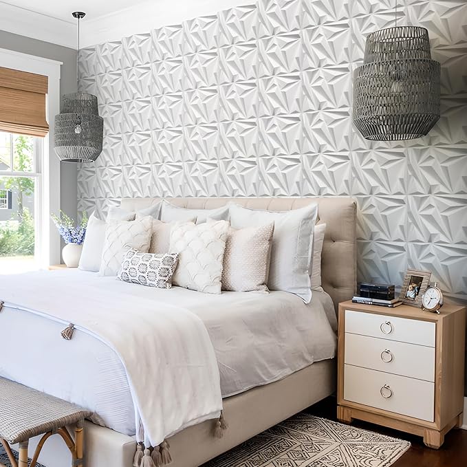 STICKGOO 33 Pack 3D Wall Panels for Interior Wall Decor, 12''x12'' White Accent Diamond Panels for Gaming Room Bedroom TV Background