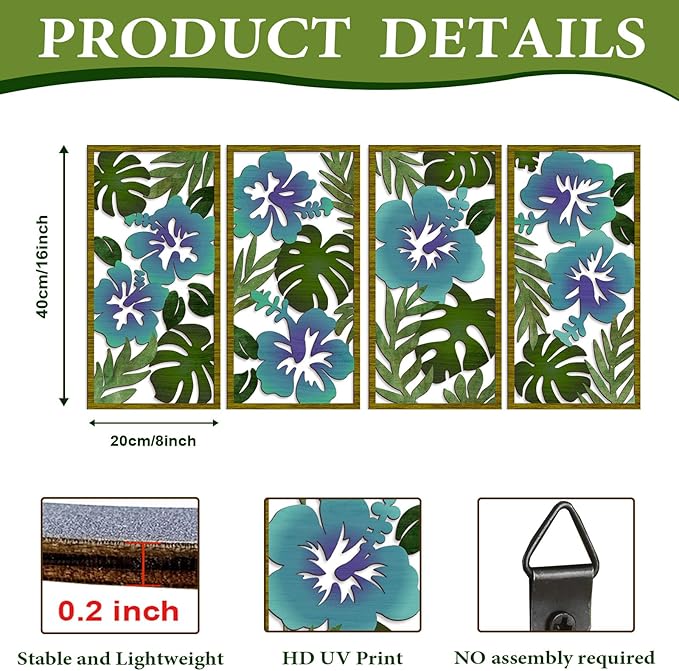 4 Pcs Tropical Wall Decor Cutout Wooden Palm Leaf Wall Art Minimalist Monstera Sculptures Wood Hibiscus Flowers Hanging Decor Vintage Plant Plaque for Home Bathroom Office (Fresh)