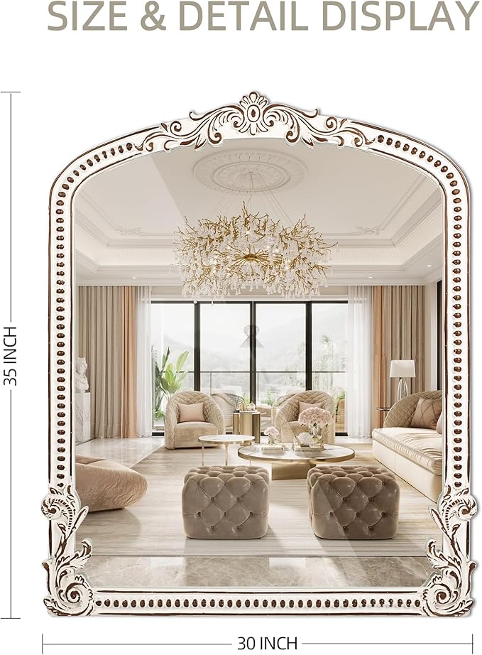 30x35 Inch Baroque Farmhouse Arched Wall Mirror Wooden, Rustic Distressed Decorative Mirrors for Fireplace, Living Room, Bedroom, Entryway, Bathroom