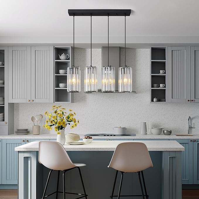 Black Pendant Lighting Modern Pendant Light, Mini Crystal Chandeliers,Adjustable Pendant Light Fixture for Kitchen Island Dinning Room Corridor Bedroom(Gold 4-Light)