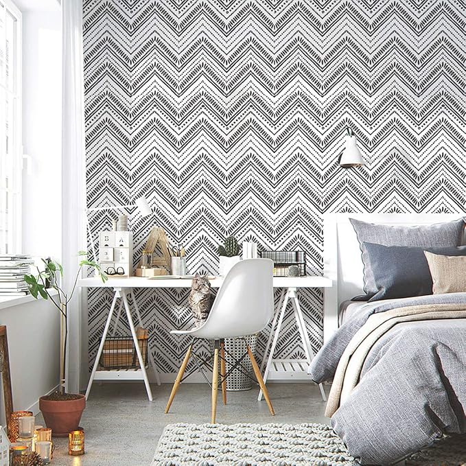 MulYeeh 17.5'' x 472' Peel and Stick Wallpaper Modern Circle Oval Stripe Black White Wallpaper Self-Adhesive Removable Wall Covering Prepasted Decorative