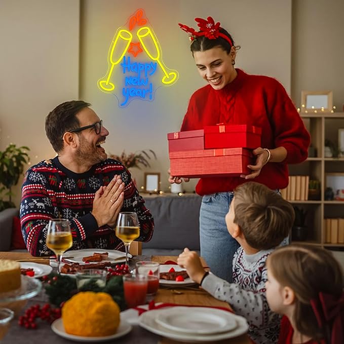 Happy New Year Neon Sign for Wall Decor Dimmable Champagne Cheers Neon Light Sign for New Year’s Eve Party Christmas Holiday Celebrate Bar Home