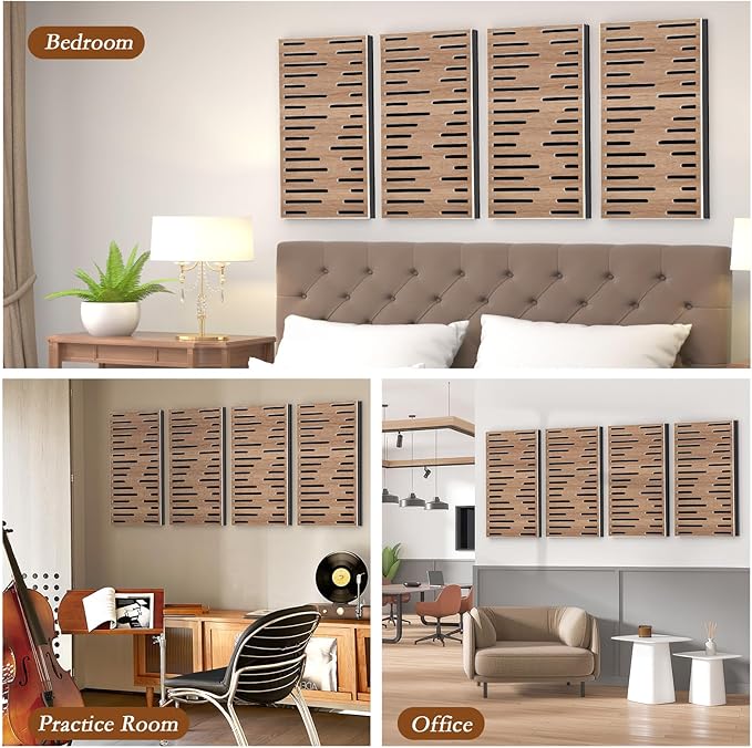 4Pack Acoustic Wall Panel, Self-Adhesive Soundproof Foam Panels for Wall, 3D Perforated Tri-Layer Polyester Fiber Decorative Acoustic Insulation for Recording Studio, Office, 24×12×1.78", Diverse-Line