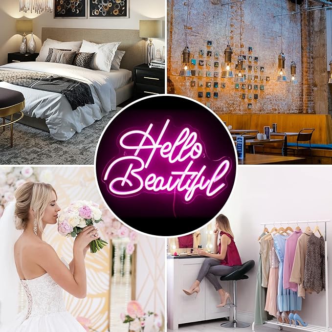 Looklight Hello Beautiul Neon Sign Wedding Neon Lights for Wall Decor Pink Led Lights Up Connectivity Wedding Engagement Birthday Party Girls Bedroom Gifts for Lovers