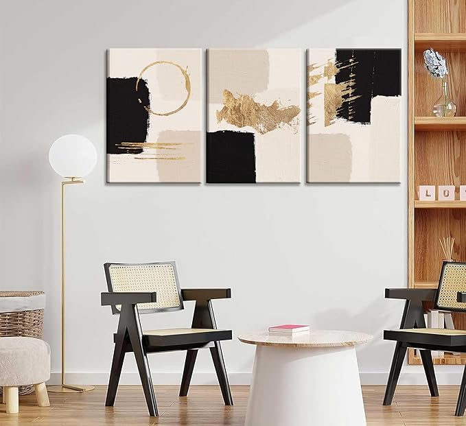 3pcs Framed Black Gold Abstract Wall Art Bohemian Simple Geometric Canvas Poster Print Modern Beige Picture Painting Wall Decor for Living Room Bedroom Office Decoration