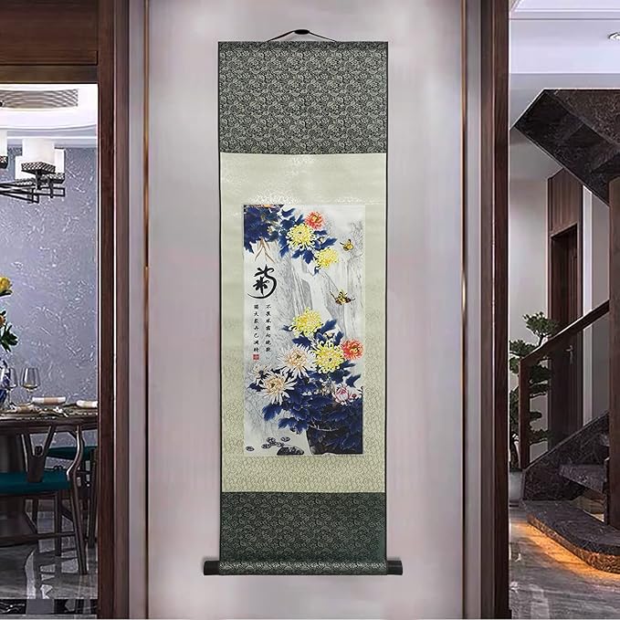 AtfArt Asian Wall Decor Beautiful Silk Scroll Painting 4 Righteous Men Flowers - Plum Orchid Bamboo Chrysanthemum Oriental Decor Chinese Art Wall Scroll Hanging Painting Scroll (4 Piece)…