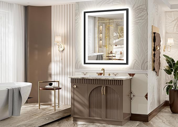 30x36 Black Framed Led Bathroom Mirror with Lights, Front Lit and Backlit, Lighted Vanity Mirror for Bathroom Wall, Anti-Fog, Dimmable, 3 Colors, Memory, HD Tempered Glass