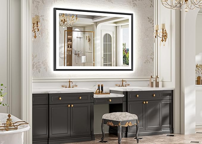 51x36 Black Framed Led Bathroom Mirror with Lights, Front Lit and Backlit, Lighted Vanity Mirror for Bathroom Wall, Anti-Fog, Dimmable, 3 Colors, Memory, HD Tempered Glass