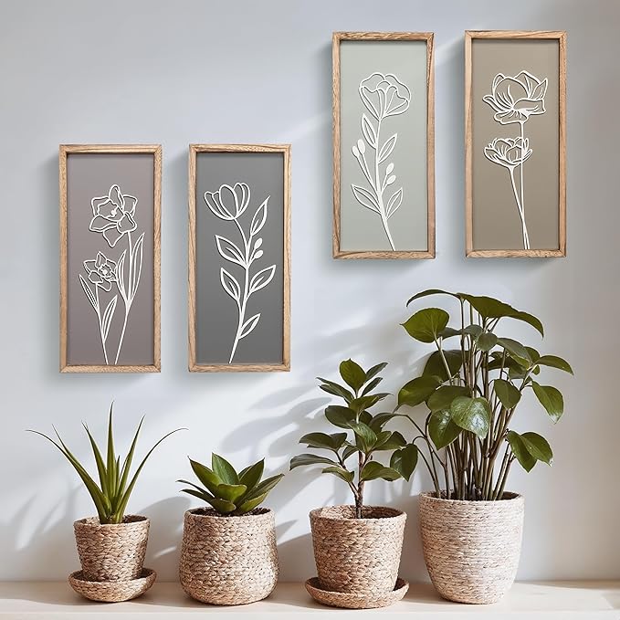 3D Wooden Floral Bathroom Wall Decor (Set of 4) Lightweight, Ready-to-Hang Framed Wall Art For Living Room, Bedroom, or Office - Premium Boho Botanical Farmhouse Decorations - Gift-Boxed