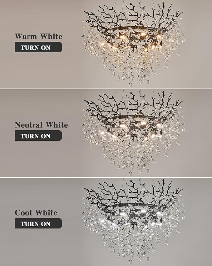 Modern Crystal Chandelier for Dining Room, 31.5" Black Tree Branch Chandeliers, 10-Light Luxury K9 Crystal Round Chandeliers for Kitchen Island Living Room