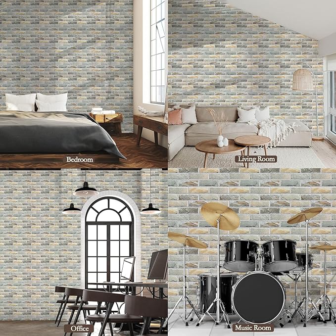 12Pack Acoustic Panels, Self-Adhesive 3D Brick Pattern Sound Proof Panels for Walls, Decorative Sound Dampening Wall Panels for Recording Studios, Offices, Home, 12"×12"×0.4", Stone