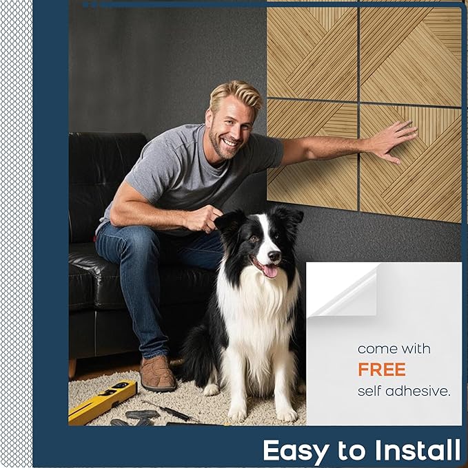 BUBOS Large Acoustic Panels,6 Pack Wood-Pattern Printing Soundproof Wall Panels, Total Size 70.8 x 47.2 Inches Self-Adhesive Decorative Sound Absorbing Panels for Studio, Home,Light Diamond Weave