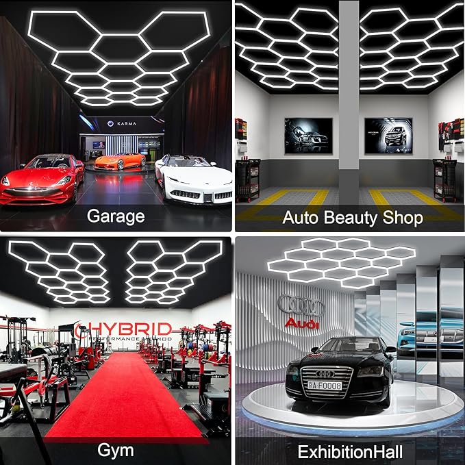 MODERN 14 Hexagon LED Garage Light 6500K, 61560 Lumens, Honeycomb Design, 14-Grid System, Octagon Shop Light for Workshop, Gym, Warehouse & Car Wash (White, 57-Pack)