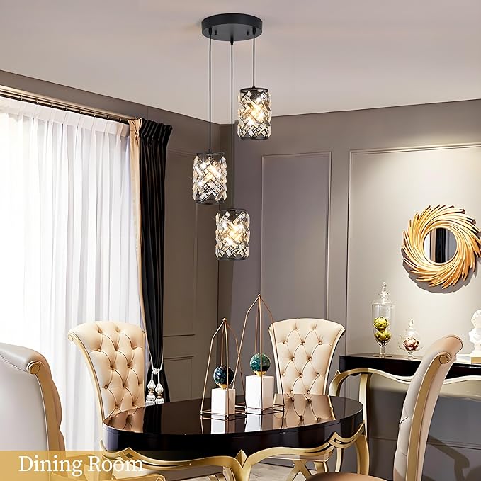 Black Crystal Pendant Light for Kitchen Island, Adjustable Hanging Chandelier with Ambient Lighting, 51 Inch Chain, E12 Base, Plated Modern Farmhouse Fixture for Dining Room, Bedroom, Living Room