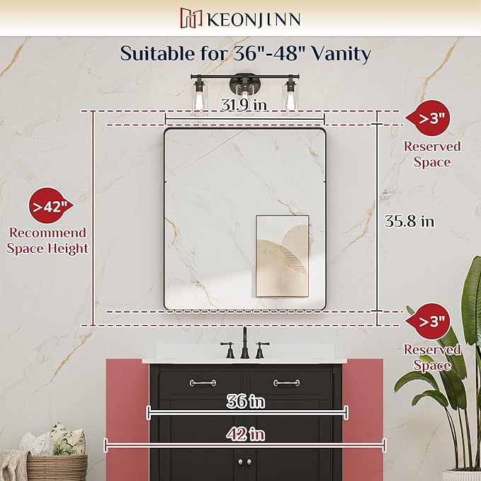 Keonjinn 32 x 36 Inch Brushed Nickel Bathroom Mirrors for Over Sink, Rounded Rectangle Silver Bathroom Vanity Mirror, Farmhouse Mirror for Wall, HD Tempered Glass, Anti-Rust Aluminum Alloy Mirror