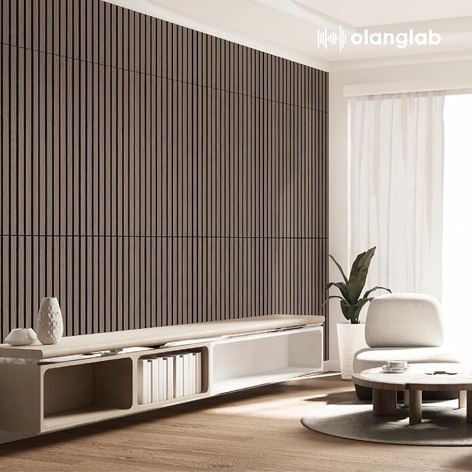 Olanglab Acoustic Wood Wall Panels 4 Pack, Sound Dampening Wood Slat Wall Panels 23.6" x 47.2", Dark Walnut