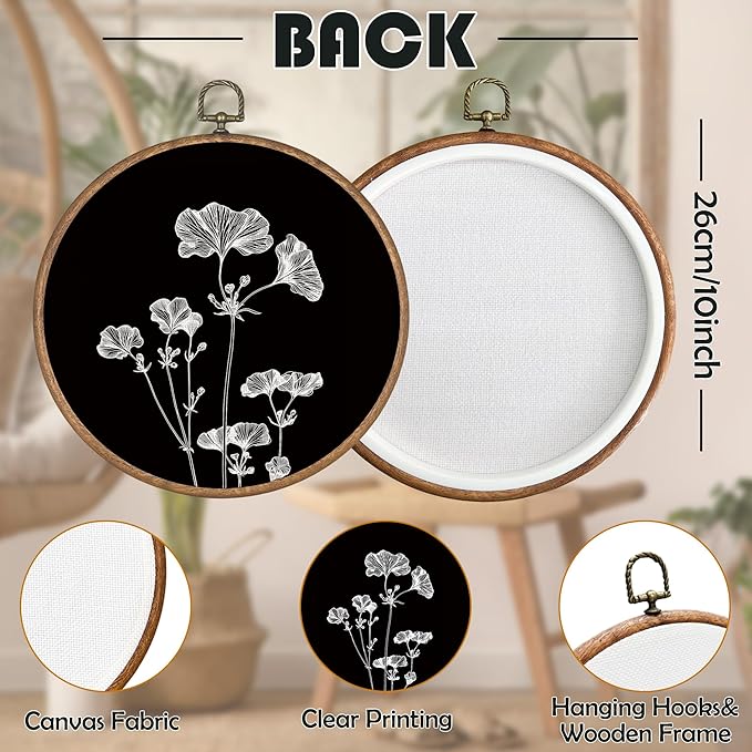 BCUANGD Vintage Flower Round Wall Art Decor - Rustic Retro Floral Botanical Wall Art Canvas Frame Artwork Prints, Mid Century Modern Flowers Round Wall Hanging Decorations for Home Bedroom, 10"x10"