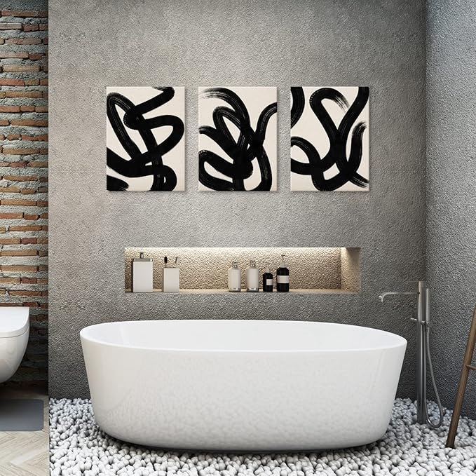 arteWOODS Wall Art Canvas Set Abstract Lines Pictures Modern Mid Century Boho Wall Decor Minimalist Abstract Black Stroke Lines Canvas Painting Artwork Living Room Bedroom Home Office 12"x16"x3
