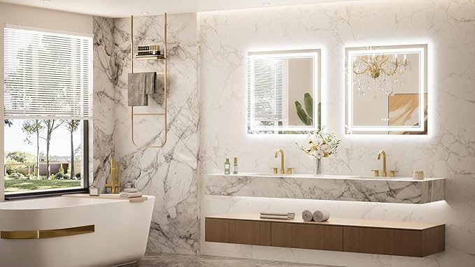 Keonjinn Bathroom LED Mirror 30 x 30 Inch Frontlit and Backlit, Tempered Glass Stepless 3 Colors Temperature & Dimmable Square Wall Mirror, UL Listed LED Driver, Double LED Strips, Anti-Fog Mirrors