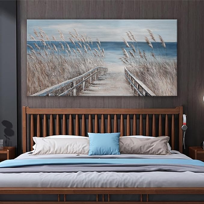Canvas Wall Art Decor Large Modern Wall Art Decorations Blue Beach Coastal Artwork for Walls Textured Wall Art Prints Pictures Wall Decor Wall Art Bedroom 29"X58" For Room Living Room Office Decor