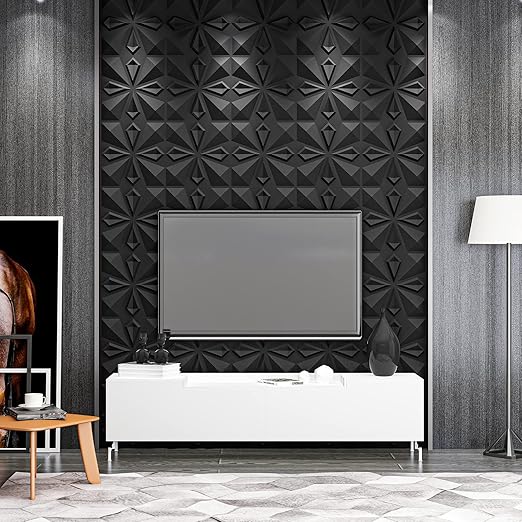 Art3dwallpanels 33 Pack 3D Wall Panel for Interior Wall Décor, PVC Textured 3D Wallpaper for Living Room Lobby Bedroom Hotel Office, Black