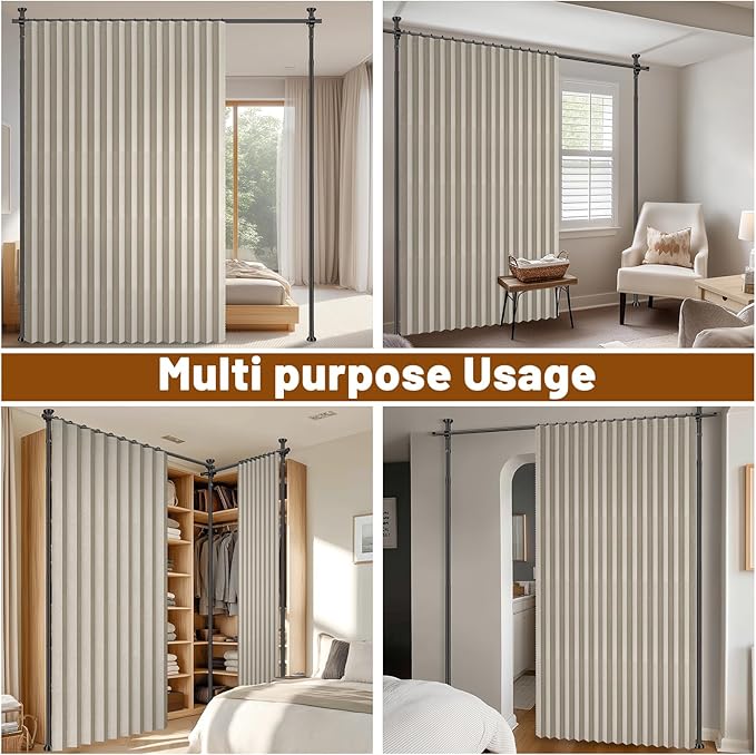 AJAZZ Room Divider Curtain (Cream White, W100 x L96 in,1 Panel)+ Curtain Rods No Drilling Adjustable Tension (H) 43-120×(W) 35-100 in, Heavy Duty Wall Divider for Apartment/Dorm