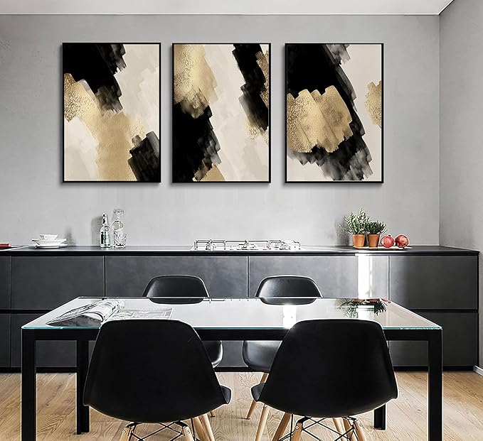 3Pcs Black and Gold Abstract Wall Art Modern Minimalist Posters Prints Neutral Abstract Pictures Painting Wall Decor for Living Room Bedroom Office Decoration Unframed