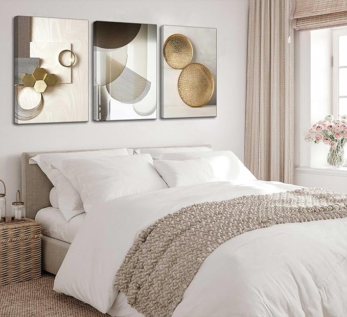 3 Pcs Abstract Gold Geometric Boho Canvas Wall Art Mid Century Modern Minimalist Aesthetic Luxury Metal Artwork Pictures Wall Decor Posters Prints for Living room Bedroom Office Home Decoration