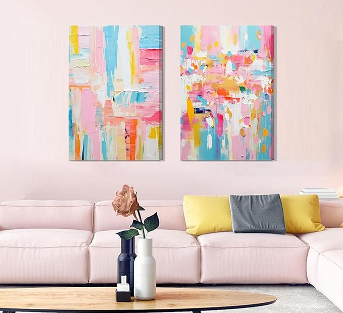 2Pcs Framed colorful abstract Wall Art College style girl art posters prints Modern Pastel texture Pictures Paintings Wall Decor for Girly Dorm Bedroom Living Room Decoration